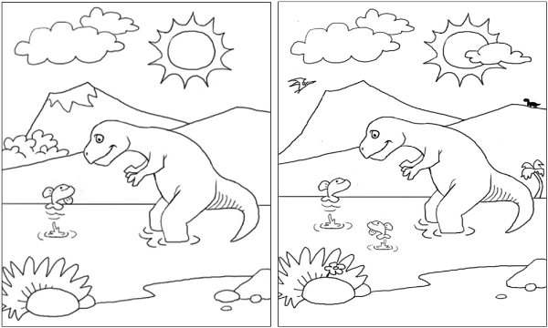 Раскраска Динозавр ловит рыбу. (найдите отличия)